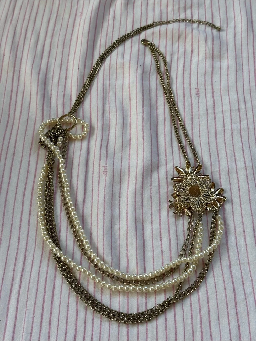 Gold-Tone Multi-Strand Pearl & Chain Necklace with Floral Accent, GUC